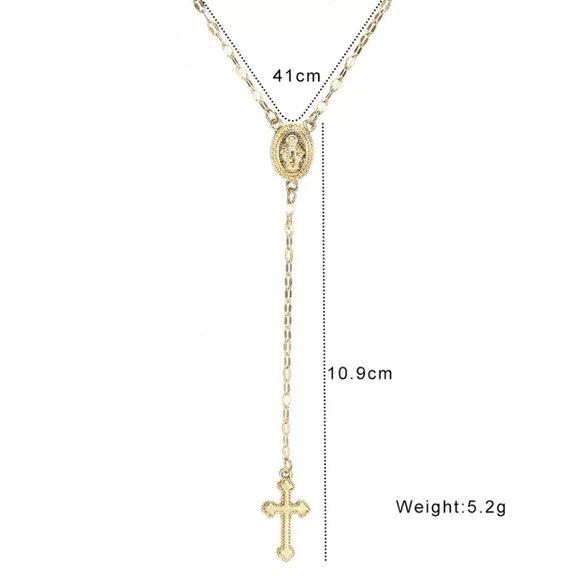 Gold Mary Coin + Cross Rosary Chain Necklace - Picture 2 of 4